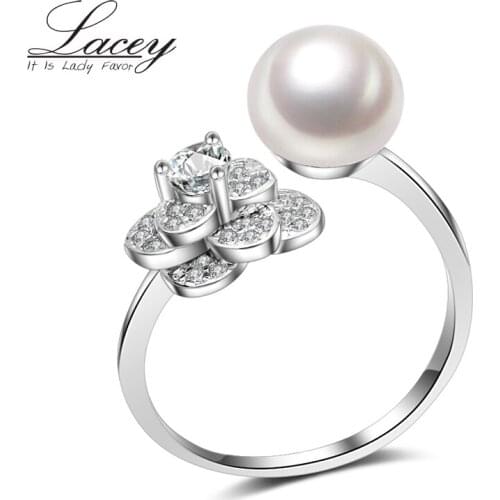 Adjustable Natural Pearl Ring Sterling Silver 925 Jewelry, Real Pearl Ring for Women Fashion Flower Ring Mothers Day Gift