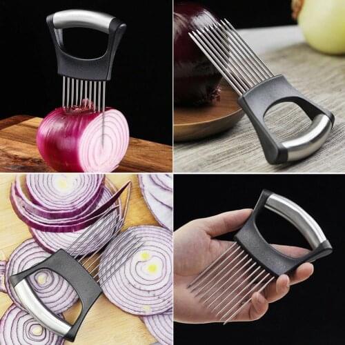 1PC Onion Cutter Onion Chop Vegetable Holder Fruit Tomato Knife Steel Cutter Cutter Slicer Food Slice Assistant I9N8