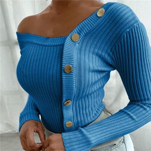 Sexy V Neck Buttons Knitted Sweaters Women Autumn Ribbed Long Sleeve Solid Crop Tops Autumn Knitwear Jumper Tops