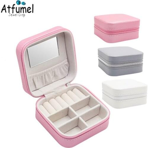 Jewelry Box Portable PU Ring Storage Box Zipper Cosmetic Display Storage Travel Case Wedding Ring Diamond Box Mirror Carry Case