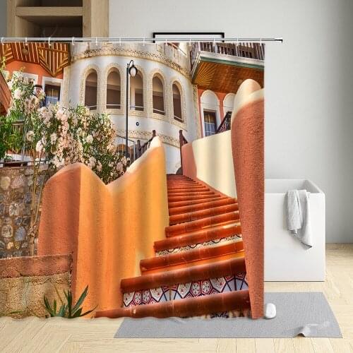 Mediterranean Architecture Scenery Shower Curtain House flowers Ocean Landscape Bath Decors Curtains Polyester Cloth Sets