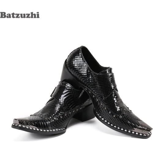 Batzuzhi Mens Shoes 6.5cm High Heels Zapatos Hombre Leather Mens Dress Shoes Metal Pointed Toe Black Business, Party Shoes