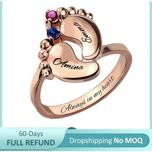 Uonney Dropshipping Customized Engraved Baby Feet Birthstone Ring For Mom Silver Rose Gold Valentine Birthday Gift Jewelry