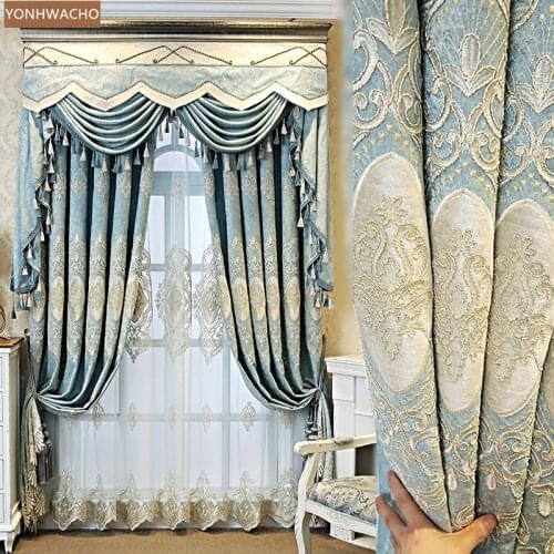 Custom curtains high-end living room floor-to-ceiling windows villa bedroom blue cloth blackout curtain valance tulle drape C870