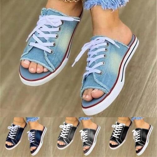Mr Co Women Summer Sandals Flats Shoes Woman Sexy Slippers Slides Lace Up Plus Size Denim Jean Sandalias Mujer
