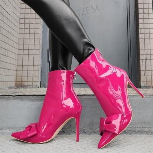 LAIGZEM Women Ankle Boots Shiny Back Zip Up Stiletto Heels Boots Bowtie Pointed Toe Ladies Shoes Woman Shoes Big Size 41 43 47