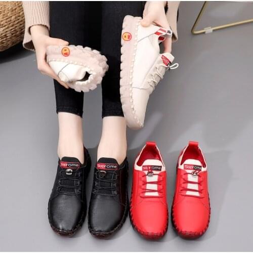 Tilocow Genuine Leather Women Flat Sneakers for Mother Soft Bottom Concise Ladies Flats Elastic band Loafers Woman Sewing Shoes