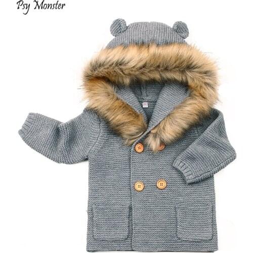 Infants baby winter hooded sweater newborn fur collar knitted Outwear Baby boys Girls Cardigan Christmas Sweaters