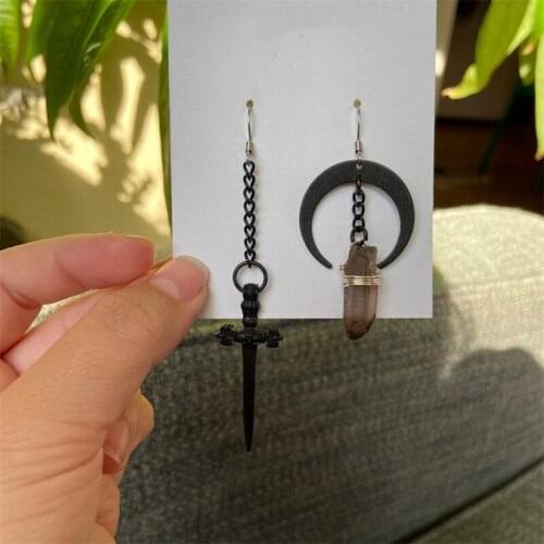1 Pair Smokey Quartz Crystal Moon and Sword Asymmetric Dangle Earrings, Celestial Jewelry 2021 Hot Selling