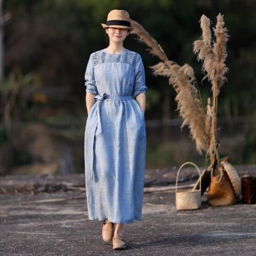 12156 sky blue round neck organ pleated waist temperament slim long Dress spring 0614