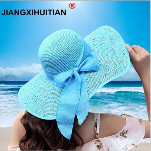 Jiangxihuitian 2018 Summer Womens beach hats Caps Foldable Chiffon Floppy Sun Hats Casual Ladies sombreros bowknot hat Ladies