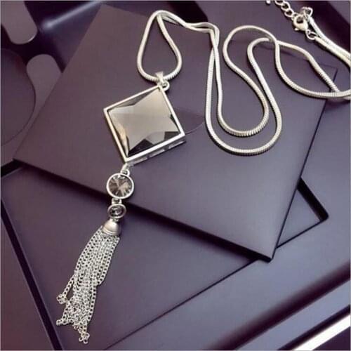 Long Tassel Sweater Chain Square Necklace Women Sweater Jewellery Spring Winter Vintage elegant drop Necklace Korean