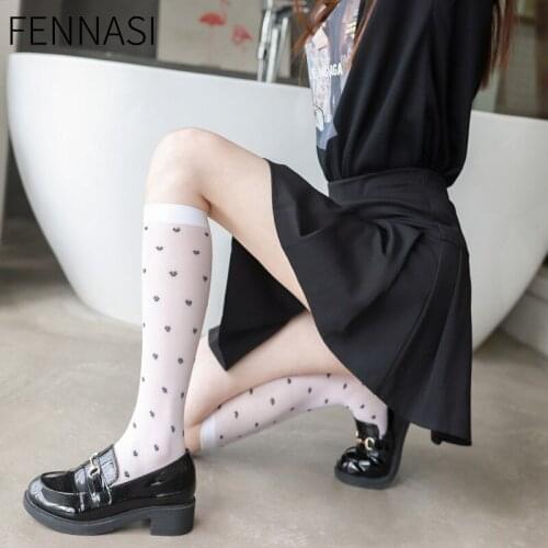 FENNASI Black Love Socks Boots Under Korean Retro White Nylon Calf Socks Summer Japanese Breathable Cute Lolita Stockings