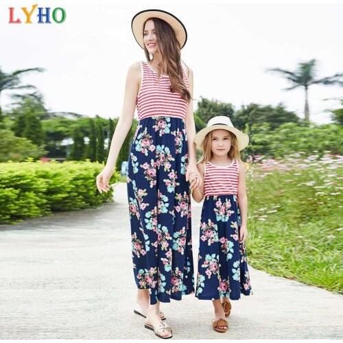 LYHO Family Matching Outfits Girls Dress Summer Sister Mom Daughter Matching Clothes Sleeveless Splicing Spring Kids Clothing