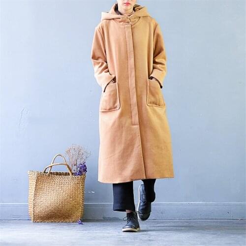 SCUWLINEN 2019 Women Winter Jacket Vintage Casual Plate Buttons Loose Long Hooded Outerwear Coat Solid Wool & Blends S486