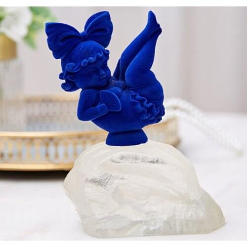 Sweetheart Girl Cartoon Statue Ornaments Desk Decor Surface Flocking Resin Figurines Deep Blue Crafts Childrens Room Decoration