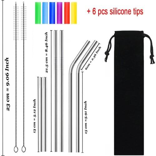 Metal Reusable 304 Stainless Steel Straws Straight Bent Drinking Straw Portable Straws Set With Brush Bag Bar accessory