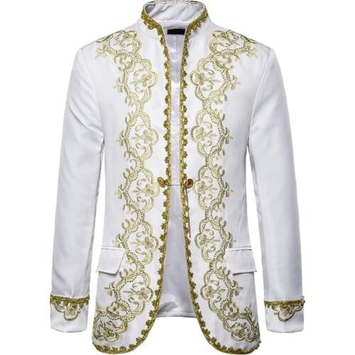 Mens White Embroidery Court Prince Suit Jacket Slim Fit Stand Collar Baroque Blazer Men Party Stage Prom Opera Costume Homme
