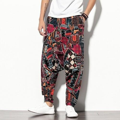 Nepalese casual trousers with loose prints and harem trousers Print Retro Drop Crotch Joggers Cotton Trousers Men Baggy Loose Ne