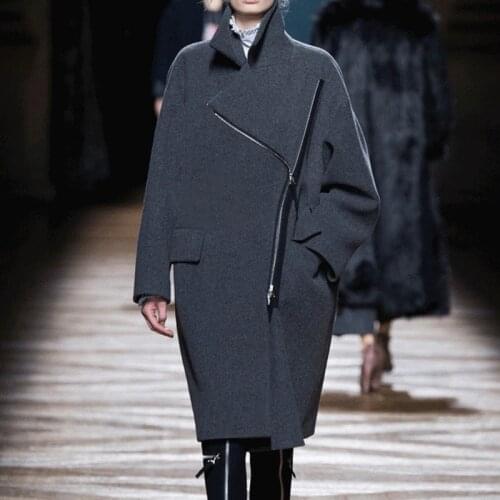 Unique Irregular Zipper Women Woolen Coat 2019 New Winter Loose Gray Overcoat Big Turn Down Collar Charm Cocoon Wool Outerwear