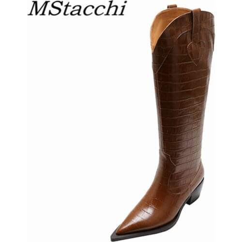 MStacchi Sexy Street Woman Boots Pointed Toe Crocodile Print Crude Heel Leather Party Slip-on Shoes Platform Knee Boots Gothic
