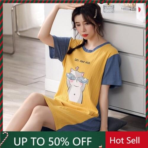 3XL Pajamas for Women Summer New Style 2021 Pure Cotton Cat and Fish Outer Wear Korean Stitching Short-sleeved Skirt T Pajamas