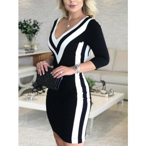 Women Sexy Striped Dress Female Long Sleeve V-neck Casual Knitted Dress Elegant Office Lady Work Dress Spring 2019 Spring