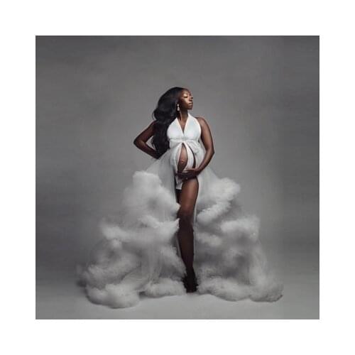 Chic Sexy White Bridal Ruffled Tulle Robe Dresses Women Maternity Dress Gowns Sheer Long Pregnant Robes Photo Shoot Custom Made