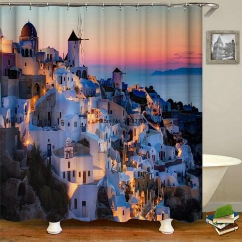 Mediterranean Island Flower landscape Shower Curtains Bath Curtain Waterproof Bathroom Decor Washable Printing Bathing Curtains