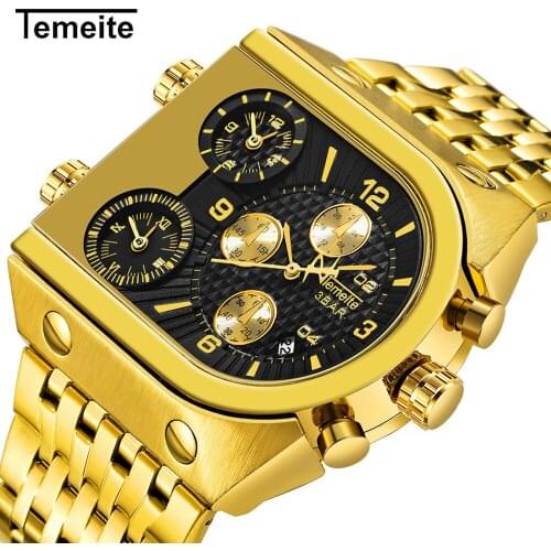 TEMEITE Fashion Luxury Dual Time Zone Black Golden Quartz Watch Stainless Steel Waterproof Men Watches Business Sport Date Clock