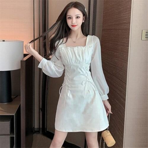Mori girl japanese style white dress womens early autumn long-sleeved waist tie bandage a-line dresses