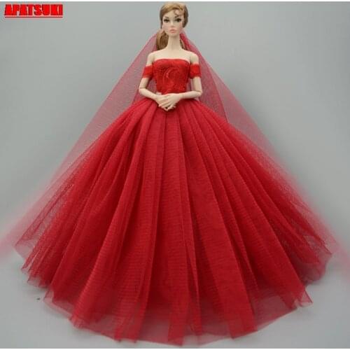 Red Evenig Party Gown Wedding Dresses For Barbie Doll Off Shoulder Outfits Clothes for 1/6 BJD Dolls Lace Big Dress for 1:6 Doll