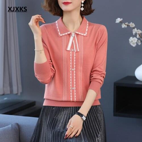 XJXKS Fashion lapel women wool knitted sweater pullover 2021 spring autumn new loose plus size casual women sweater