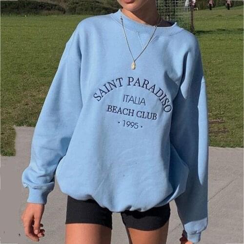 Sky Blue Letter Print Oversized Vintage Sweatshirt Women O Neck Loose Streetwear Pullover Casual Lady Plus Size Hoodies Autumn