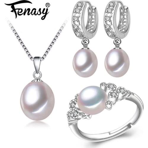 FENASY Geometric Pearl Jewelry Sets Natural Pearl Earrings 925 Sterling Silver Pendant Necklace For Women Fashion Cute Ring