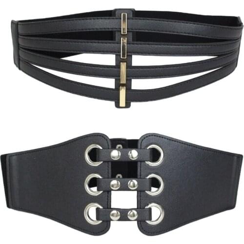 European and American fashion Black Belt womens hollow out rivet ultra wide waist Seal Womens dress with decoration