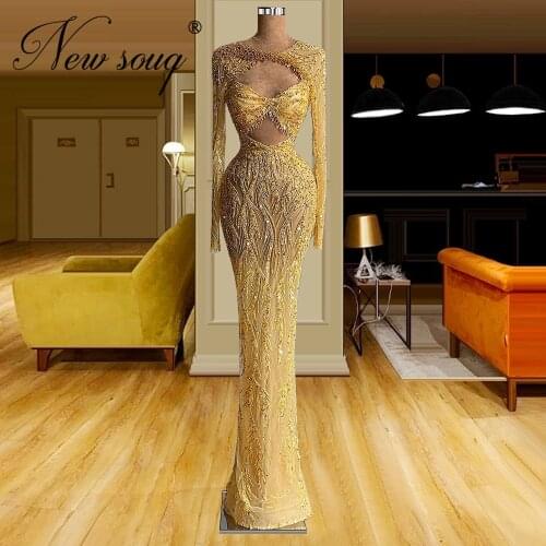 Cheap Hot Sale Beading Evening Dresses Long Sleeve See Through Evening Gown Arabic Prom Dresses 2021 Women Dubai Party Gown Robe