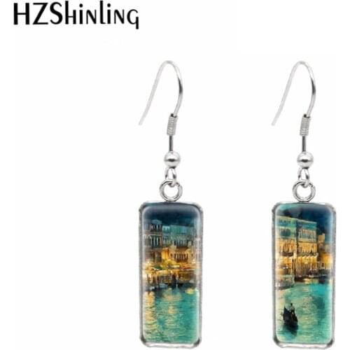 1 pair 10*25mm Rectangle French Hook Earrings Glass Cabochon oil paintings fantasy art venice Printing Jewelry Earrings