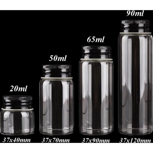 20ml 50ml 65ml 90ml Glass Bottles with Black Aluminum Lids Diameter 37mm Glass Bottles 15pcs