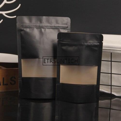 500pcs/lot Matt Black Stand up Paper Frosted Window Bag Snack Cookie Tea Coffee Packaging Bag Doypack Paper Gift Window Pouches