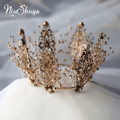 BNiuShuya Baroque Rhinestone Bride Diadem Vintage Bronze Black Crystal Beads Bridal Tiaras Crowns Pageant Wedding Hair Accessory