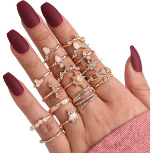 Bohemian Pink Opal Gemstone Ring Shining Star 17-piece Set Rings Women Finger Accessories Exquisite Pattern For Gift