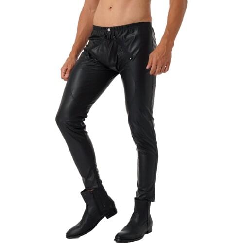 Plus Size Men Faux Leather Pants Elastic Waistband Skinny Zipper Front Trousers for Nightclub Stage Performance Pole Dancing