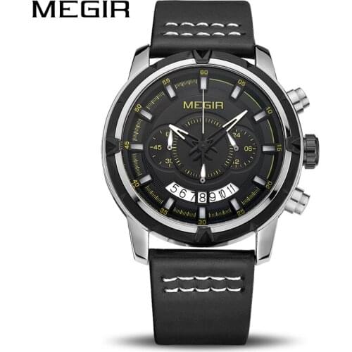 MEGIR Men Motion Quartz Watch Multifunction Chronograph Fashion Wrist Watches Clock Men Waterproof with Leather Strap 2047