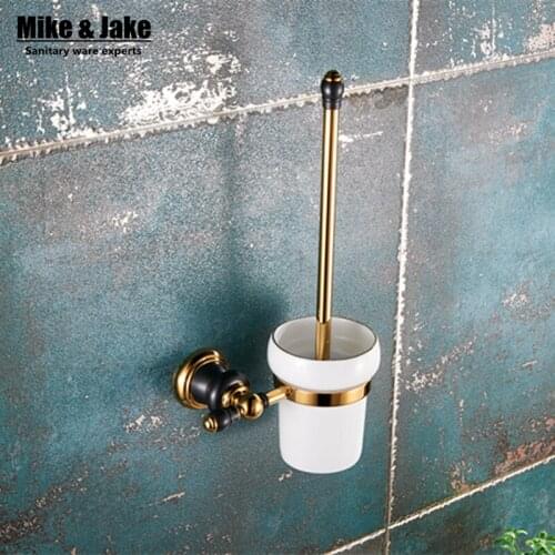 Luxury Golden finish toilet brush holder with Ceramic cup whole brass bath brush rack toilet wall brush kit bathroom accessories