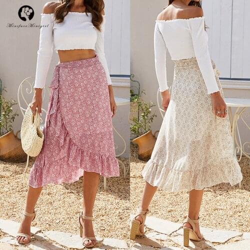 Womens High Waist Ruffle Floral Print Wrap Asymmetrical Tie Waist High Low Hem Flowy Midi Chiffon Skirt Side Slit Skort 2021