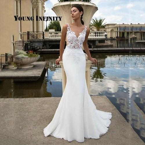 Elegant Beach Long Mermaid Wedding Dresses Bridal Dress Sexy Illusion Back Simple White Lace Wedding Dress Chiffon Bridal Gowns