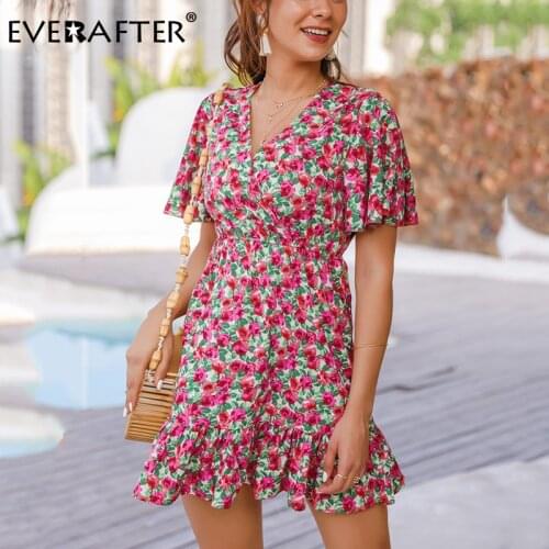 EVERAFTER Sexy v-neck women dress Bohemian ruffles floral print sundress holiday short sleeve summer beach female mini dresses