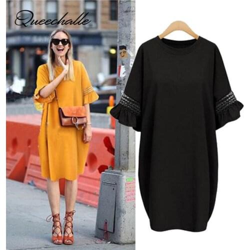 Queechalle Big Size Women Dress 2020 Summer Ruffles Sleeve Loose Dress M L XL XXL 3XL 4XL 5XL Plus Size Dress Black Mustard
