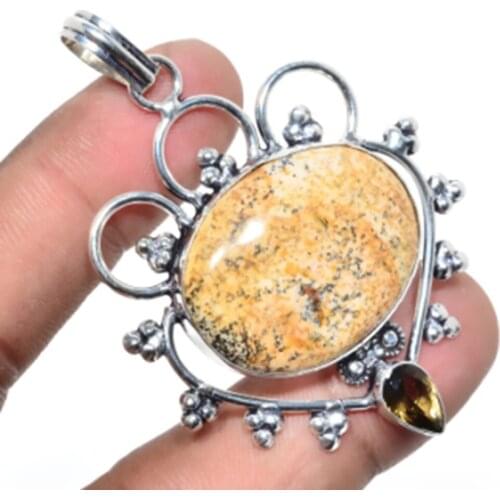 Picture Jaspers,Smoky Quarts Pendant Silver Overlay over Copper, USA Size 62 mm , P5964